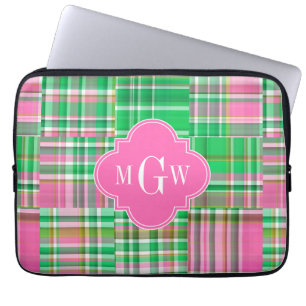 Emerald Hot Pink Preppy Patchwork Madras Monogram Laptopschutzhülle