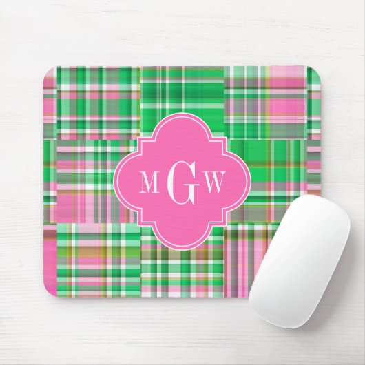 Emerald Hot Pink Preppy Patchwork Madras Monogram Mousepad (Mit Mouse)