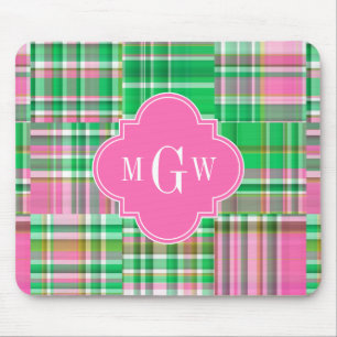 Emerald Hot Pink Preppy Patchwork Madras Monogram Mousepad