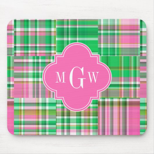 Emerald Hot Pink Preppy Patchwork Madras Monogram Mousepad (Vorne)