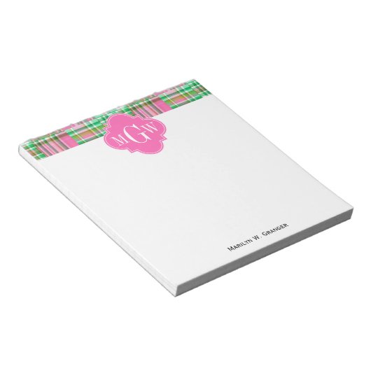 Emerald Hot Pink Preppy Patchwork Madras Monogram Notizblock (angewinkelt)