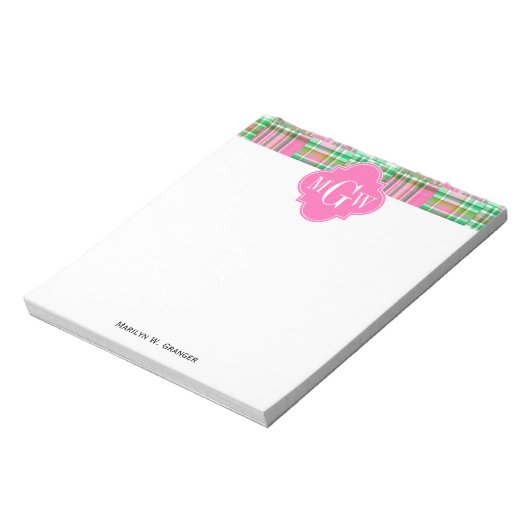 Emerald Hot Pink Preppy Patchwork Madras Monogram Notizblock (Rotiert)