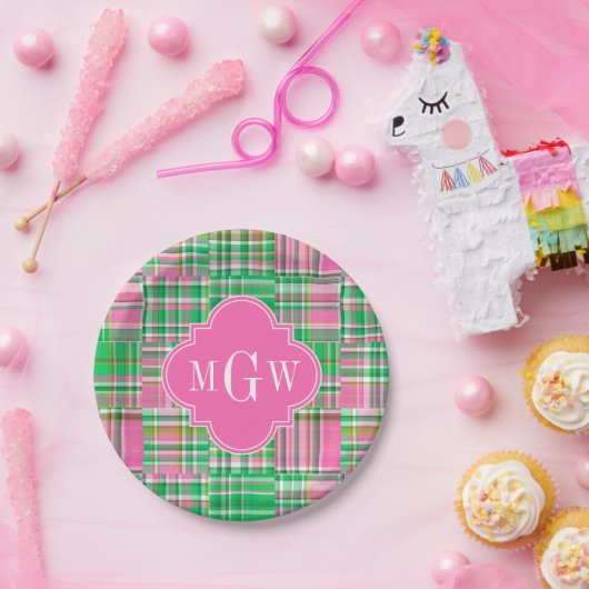 Emerald Hot Pink Preppy Patchwork Madras Monogram Pappteller (Party)