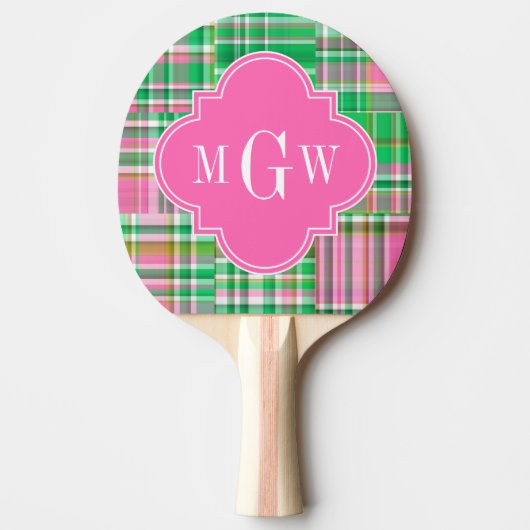 Emerald Hot Pink Preppy Patchwork Madras Monogram Tischtennis Schläger (Vorderseite)