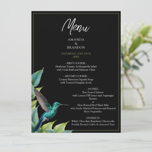 Emerald Hummingbird Tropical Blätter Wedding Menükarte (Stehend Vorderseite)