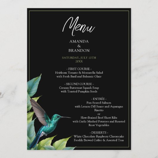 Emerald Hummingbird Tropical Blätter Wedding Menükarte (Vorderseite)