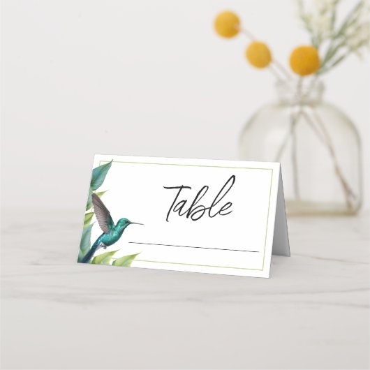 Emerald Hummingbird Tropical Blätter Wedding Platzkarte (Vorderseite)