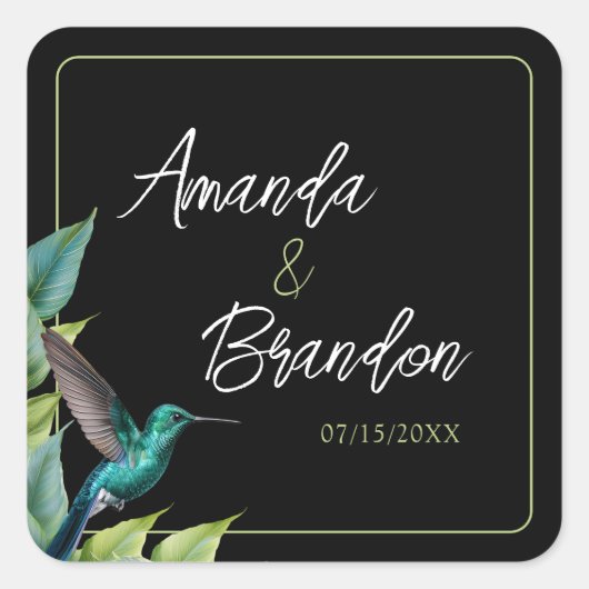 Emerald Hummingbird Tropical Blätter Wedding Quadratischer Aufkleber (Vorderseite)