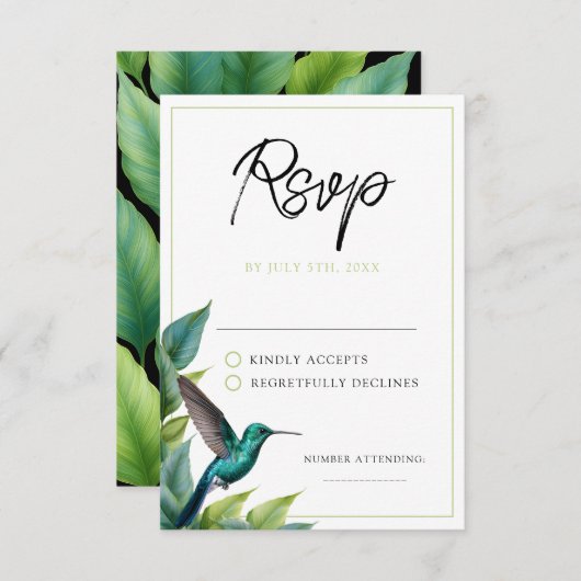 Emerald Hummingbird Tropical Blätter Wedding RSVP Karte (Vorne/Hinten)