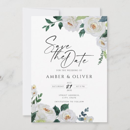 Emerald Ivory White Elegant Floral Save the Date Einladung (Vorderseite)
