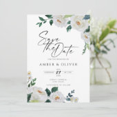 Emerald Ivory White Elegant Floral Save the Date Einladung (Stehend Vorderseite)
