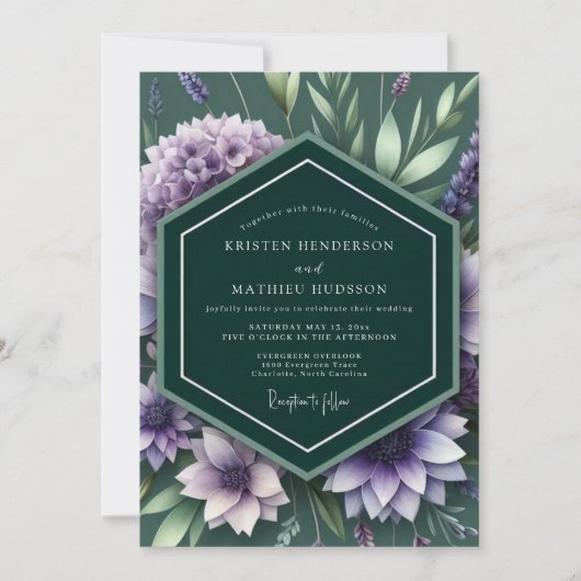 Emerald-Lila Botanische Hochzeit Einladung (Vorderseite)