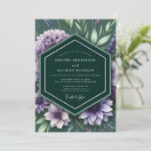 Emerald-Lila Botanische Hochzeit Einladung (Stehend Vorderseite)