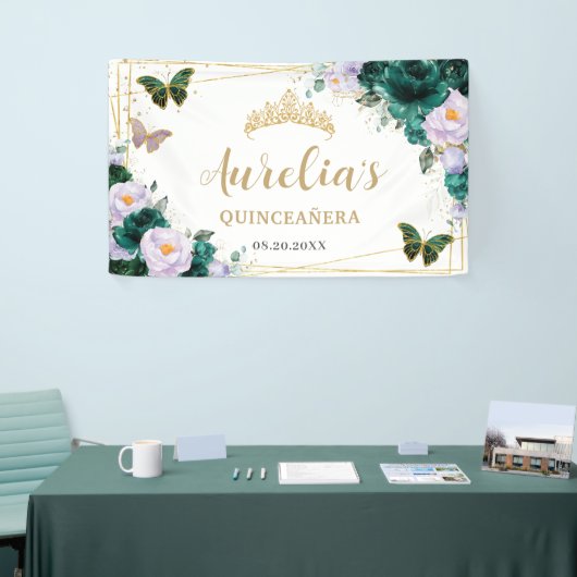 Emerald Lila Floral Butterfells Begrüßungskulisse Banner (Messeveranstaltung)