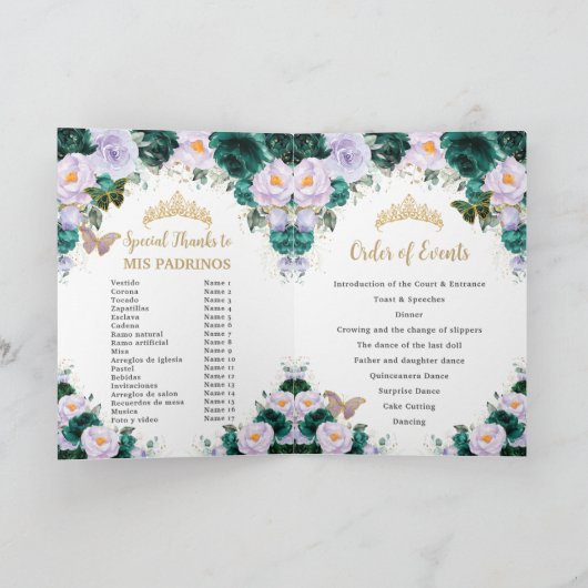 Emerald Lila Floral Quinceñera Orden der Veranstal Programm (Innenseite)