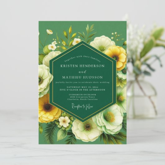 Emerald Marigold Bloom Wedding Einladung (Stehend Vorderseite)