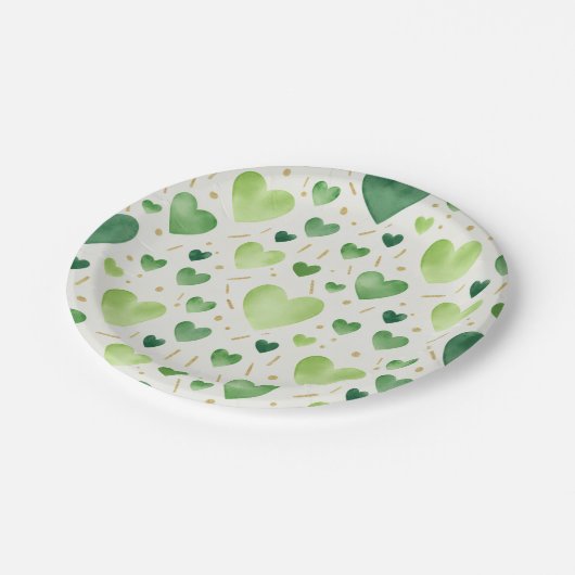Emerald Meadows Watercolor Heart Pattern Pappteller (Schrägansicht)