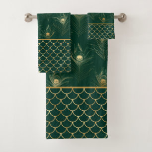 EMERALD MERMAID PEACOCK FEATHER BADEZIMMER TOWWEL BADHANDTUCH SET