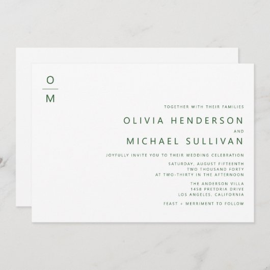 Emerald Minimalistisch Typografy Monogram Wedding Einladung (Vorne/Hinten)