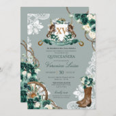 Emerald Mint Green Floral Wappen Charro Quinceaner Einladung (Vorne/Hinten)