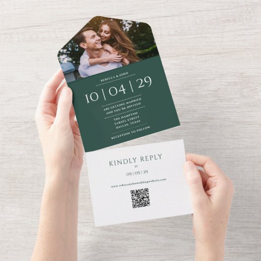 Emerald Monogram QR Code Foto Hochzeitdatum All In One Einladung (Abreißen)