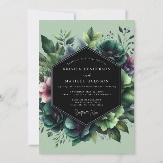 Emerald Moody Bloom Wedding Einladung (Vorderseite)