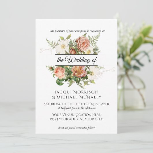Emerald n Blush Peony, Rose w Fern Wreath Wedding Einladung (Stehend Vorderseite)