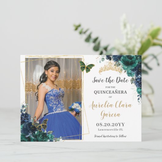 Emerald Navy Floral Quinceañera Pic Save the Date Einladung (Stehend Vorderseite)