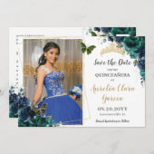 Emerald Navy Floral Quinceañera Pic Save the Date Einladung (Vorne/Hinten)