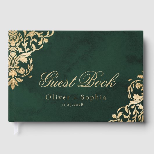 Emerald Ornate Victorian Green and Gold Wedding Gästebuch (Vorderseite)