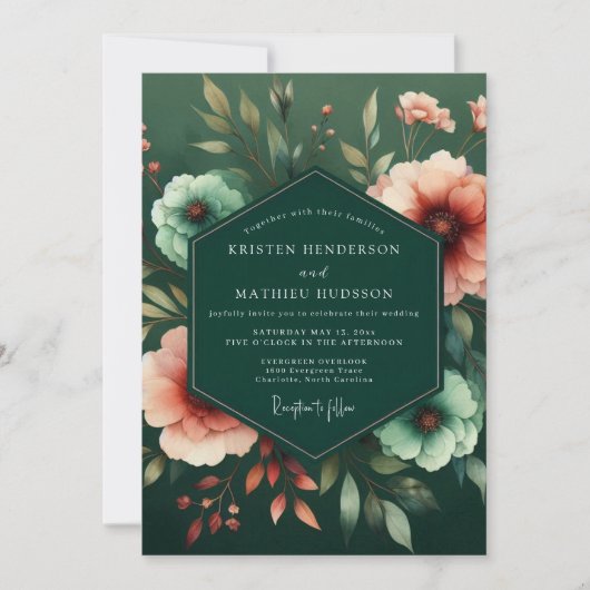 Emerald Peach Flora Wedding Einladung (Vorderseite)