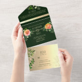 Emerald Peach Rose Floral Wedding All In One Einladung (Abreißen)