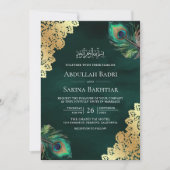 Emerald Peacock Feathers QR Code Muslim Wedding Einladung (Vorderseite)