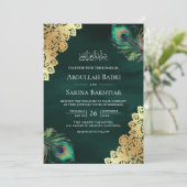 Emerald Peacock Feathers QR Code Muslim Wedding Einladung (Stehend Vorderseite)