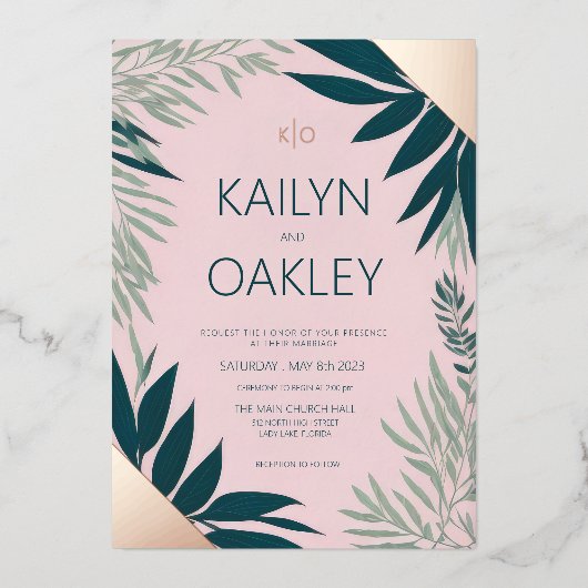 Emerald Pink Foliage Green Wedding Rose Gold Folieneinladung (Vorderseite)