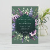Emerald Purple Wildflower Wedding Einladung (Stehend Vorderseite)