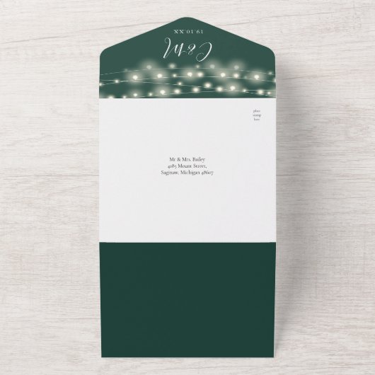 Emerald QR Code Mason Jars String Lights Hochzeit All In One Einladung (Außenbereich)