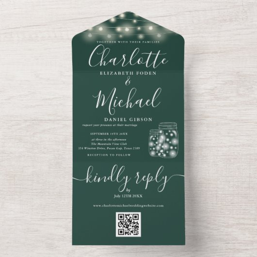 Emerald QR Code Mason Jars String Lights Hochzeit All In One Einladung (Innen Boden)