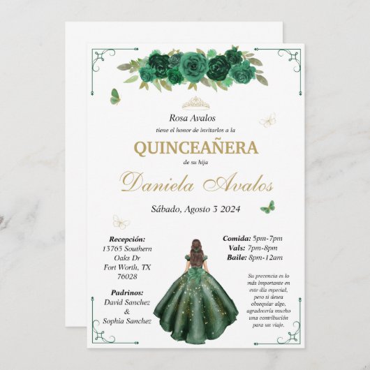 Emerald Quinceañera Einladung auf Spanisch (Vorne/Hinten)