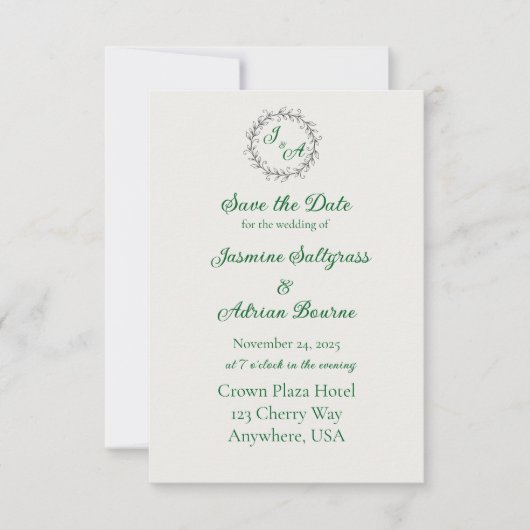 Emerald-Reben-Hochzeit Save The Date (Vorderseite)
