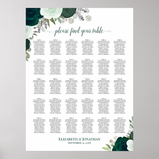 Emerald Rose Chic 30 Table Wedding Seating Chart Poster (Vorne)