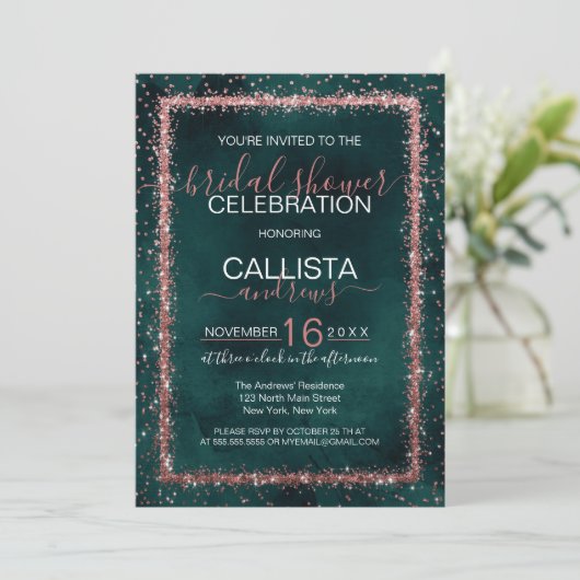 Emerald Rose Gold Confetti Brautparty Einladung (Stehend Vorderseite)