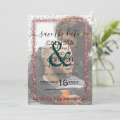 Emerald Rose Gold Confetti Foto Wedding Save The Date (Stehend Vorderseite)