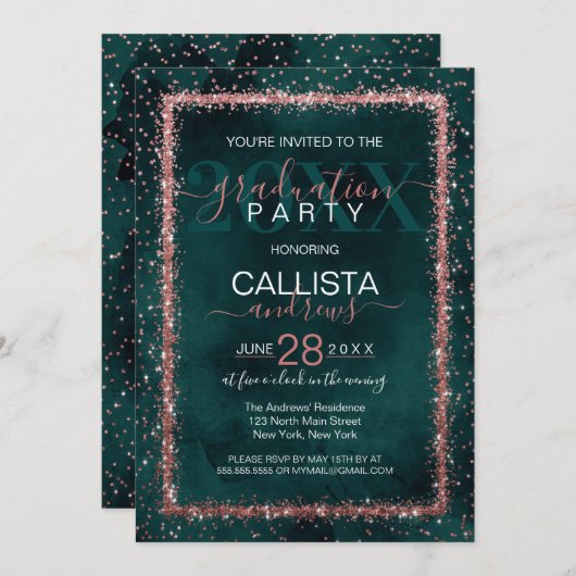 Emerald Rose Gold Sprinkled Confetti Abschluss Einladung (Vorne/Hinten)