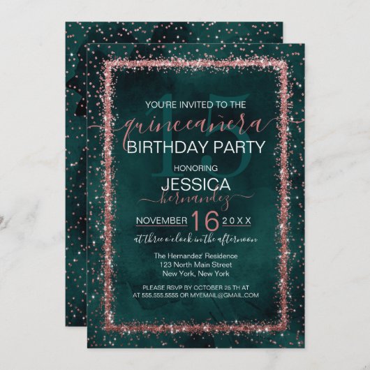 Emerald Rose Gold Sprinkled Confetti Quinceañera Einladung (Vorne/Hinten)