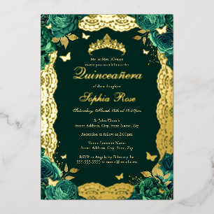 Emerald Rose Lace Butterfly Quinceanera Geburtstag Folieneinladung