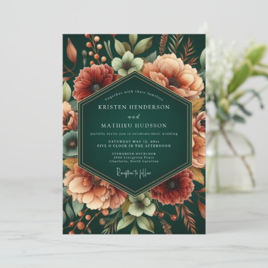 Emerald Rust Autumnal Wedding Einladung (Stehend Vorderseite)