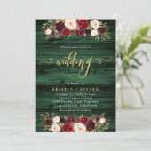 Emerald Rustic Burgundy Marsala Floral Wedding Einladung (Stehend Vorderseite)