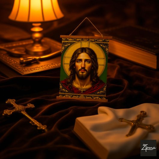 Emerald Sacred Icon - Jesus Wandteppich Mit Holzrahmen