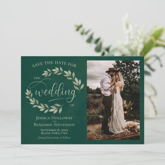 Emerald & Sage Green Blätter & Foto Rustikale Hoch Save The Date (Stehend Vorderseite)